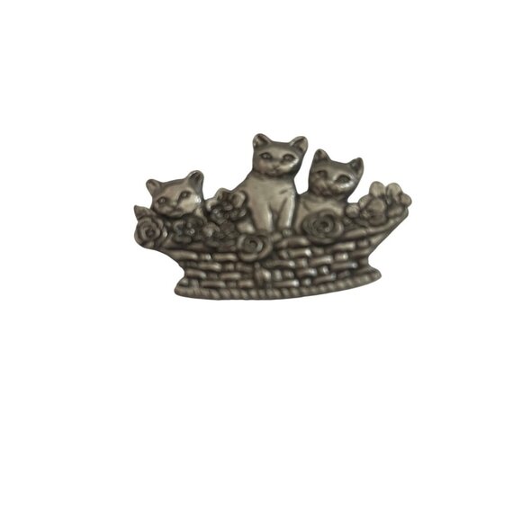 Seagull Pewter Canada Vintage Womens Basket Brooch Signed 1987 Cats - Picture 6 of 6